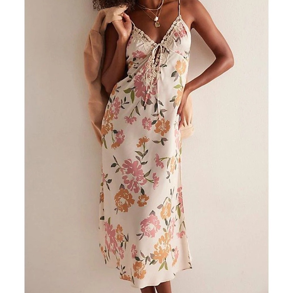 Free People Someone Like You Midi Slip Dress Beige Floral Size M Summer Fresh